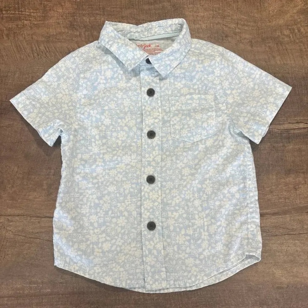 NWOT Cat & Jack Boys Baby Blue & White Floral Button Down Short Sleeve Top